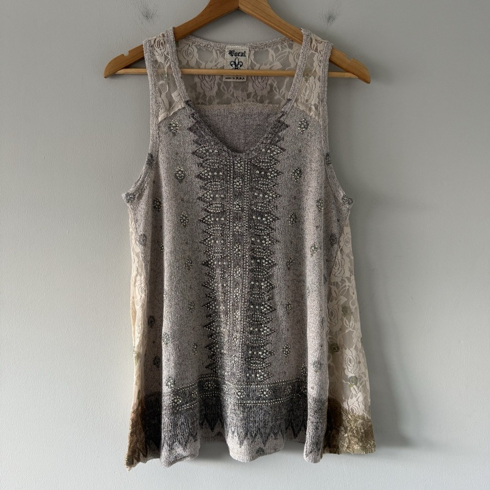 Vocal Tank Top Medium Beaded‎ Western Boho Festival Hippie Glam Boutique Tunic